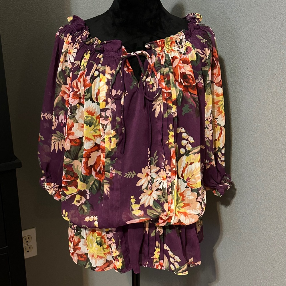 Pinky Floral Boho Blouse‎ 1X Purple Peasant Tie Neck Cottagecore Top Flowy